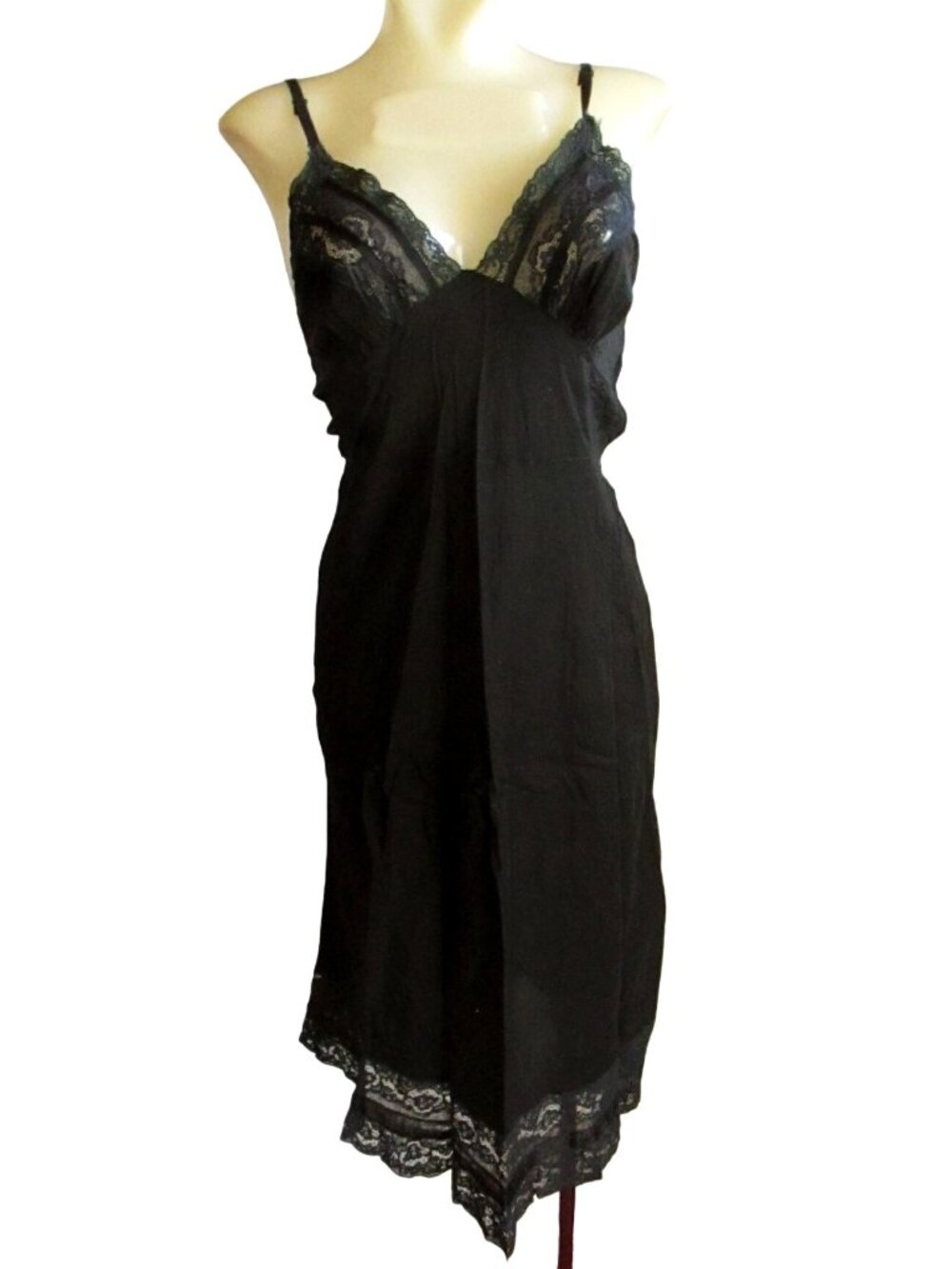 Small 32 Black Goth Lace Cocktail Dress Full Slip Vintage 1940's Satin MCM Sm